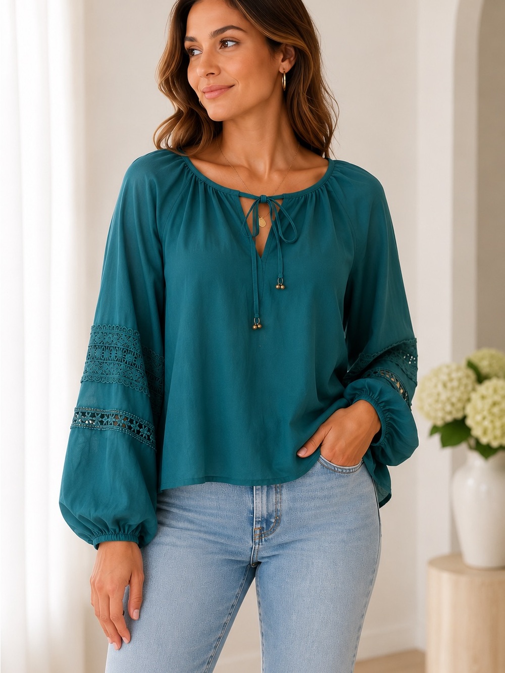 Frye Teal Boho Peasant Blouse Lace Balloon Sleeve Top Size L